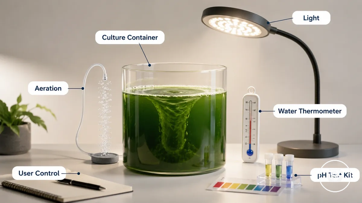 Işık, havalandırma ve temel izleme ekipmanı ile spirulina kültür kabı