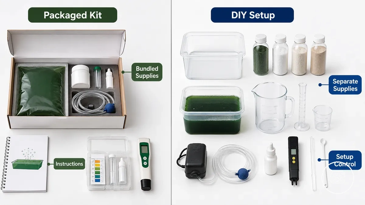 Paketlenmiş spirulina kiti ve DIY spirulina kurulumu, dahil edilen ve ayrı ayrı temin edilen malzemeler açısından karşılaştırıldı