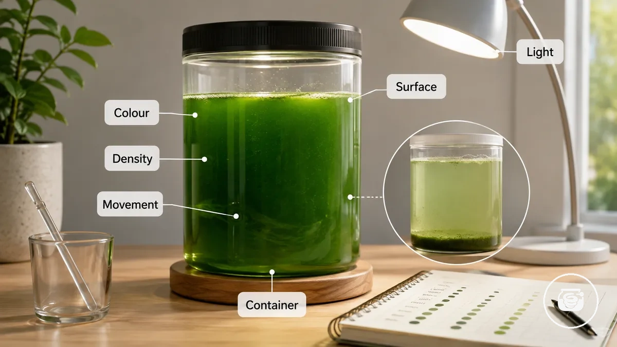 Stabil bir spirulina kültürünün renk, yoğunluk, yüzey durumu ve ışık maruziyetini gösteren günlük inceleme