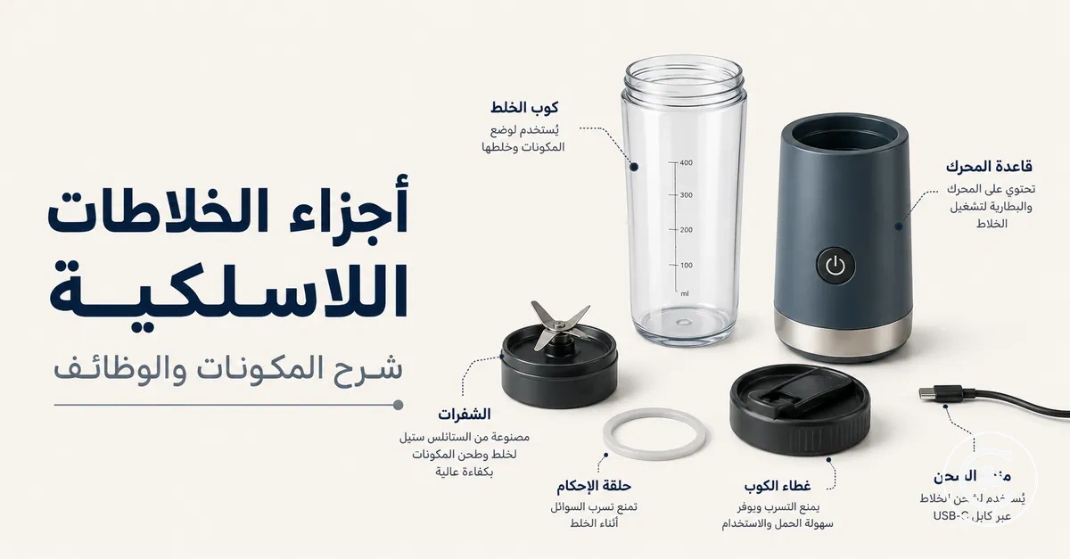 أجزاء منفصلة لخلاط لاسلكي تشمل الكوب والغطاء والشفرات وقاعدة المحرك والحشوة ومنفذ الشحن