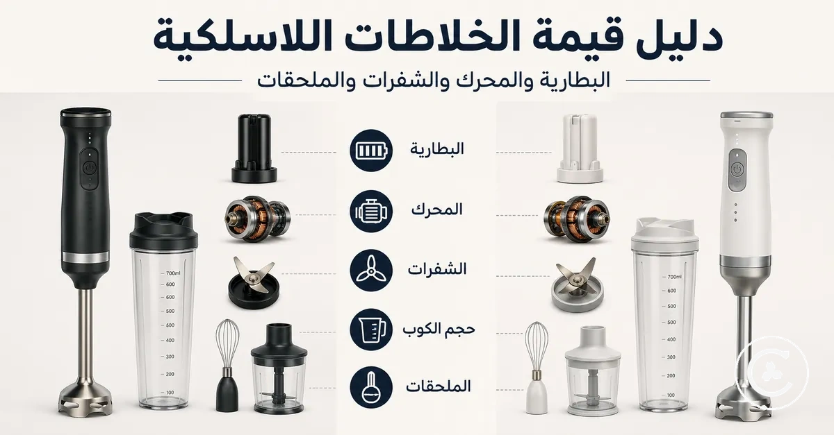 مقارنة قيمة خلاط لاسلكي تشمل البطارية والمحرك والشفرات وحجم الكوب والملحقات
