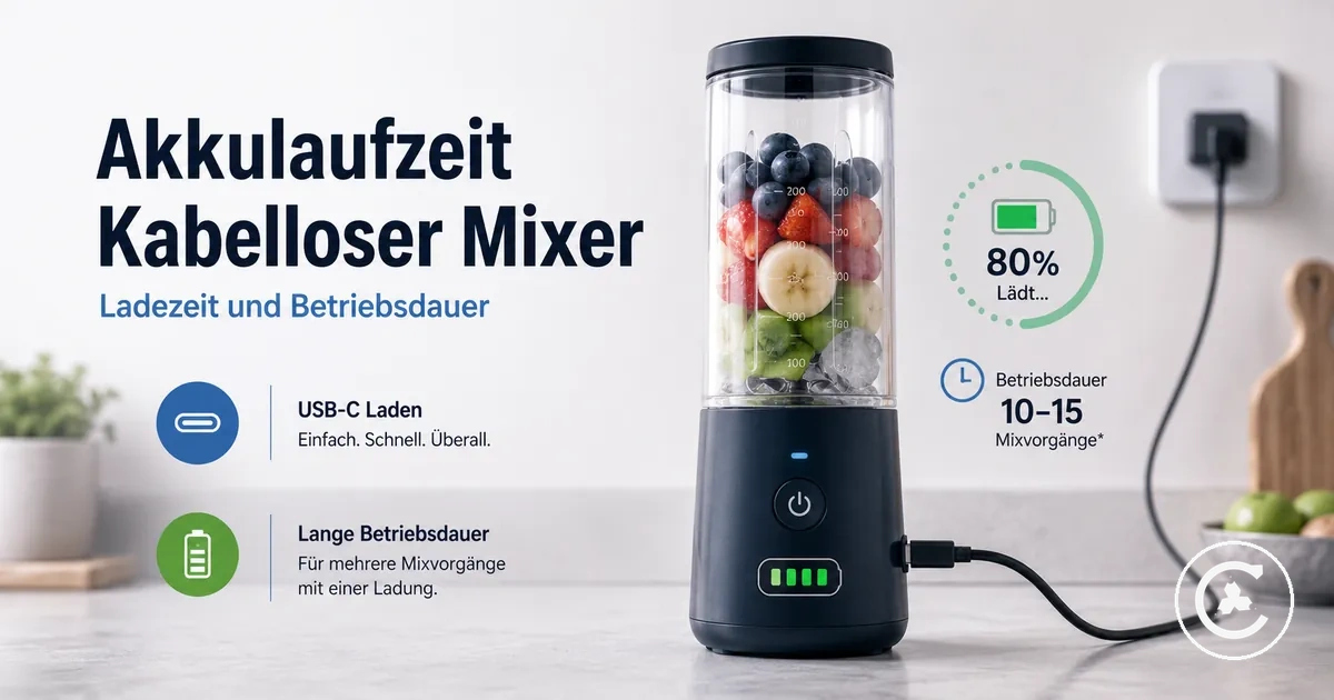 Kabelloser Mixer beim Laden über USB-C mit sichtbarer Akkuanzeige