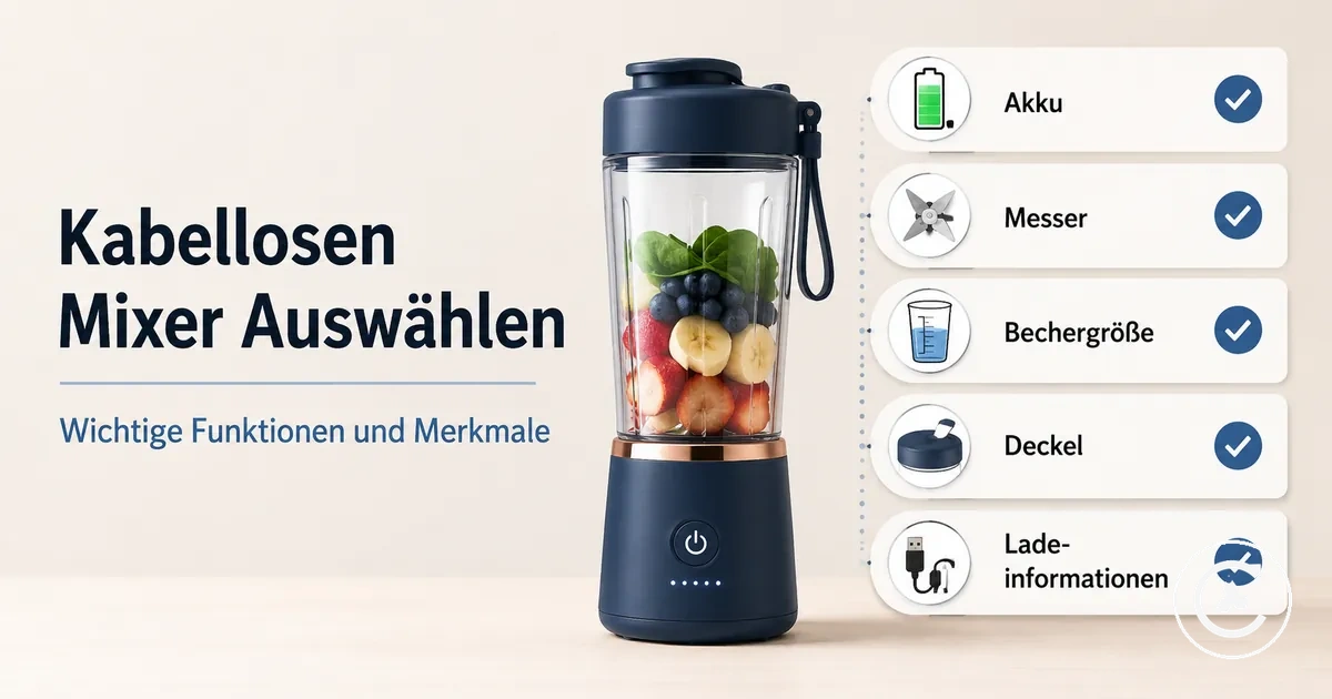 Auswahlliste für kabellose Mixer mit Akku, Messern, Bechergröße, Deckel und Ladeinformationen