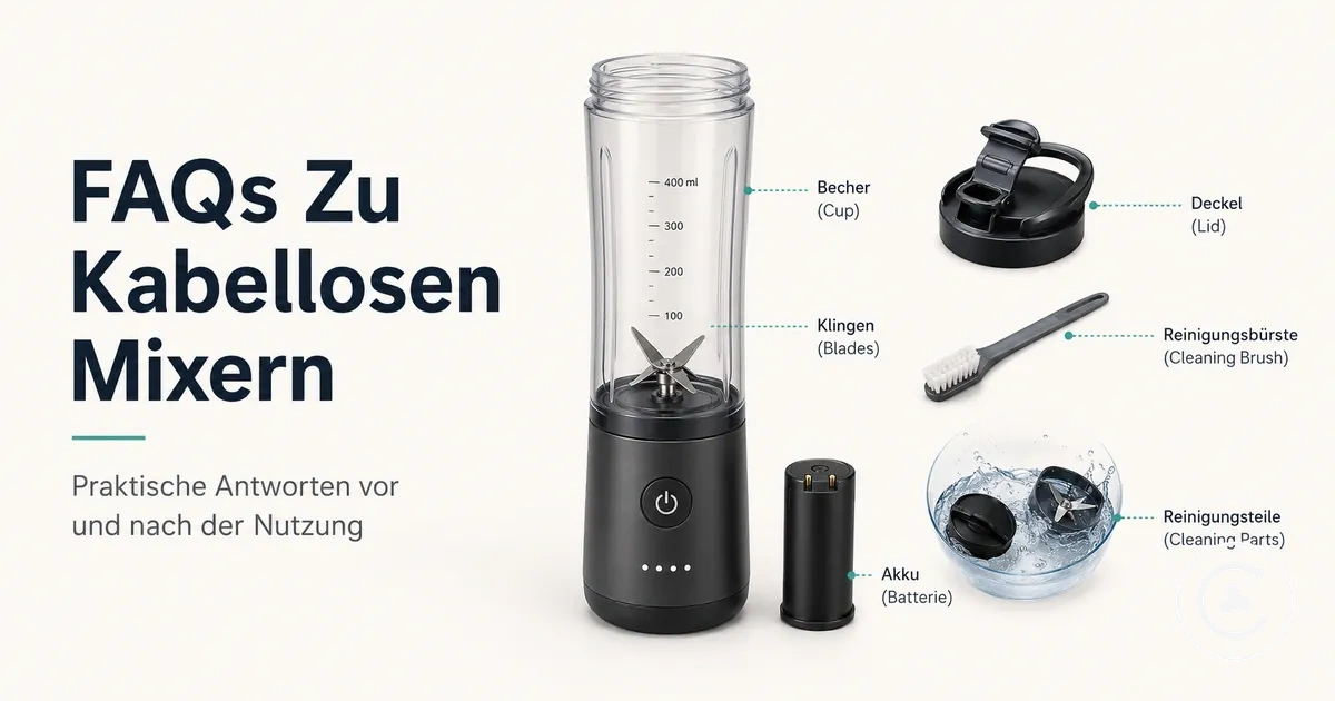 Kabelloser Mixer mit gekennzeichnetem Akku, Becher, Messern, Deckel und Reinigungsteilen für häufige Fragen