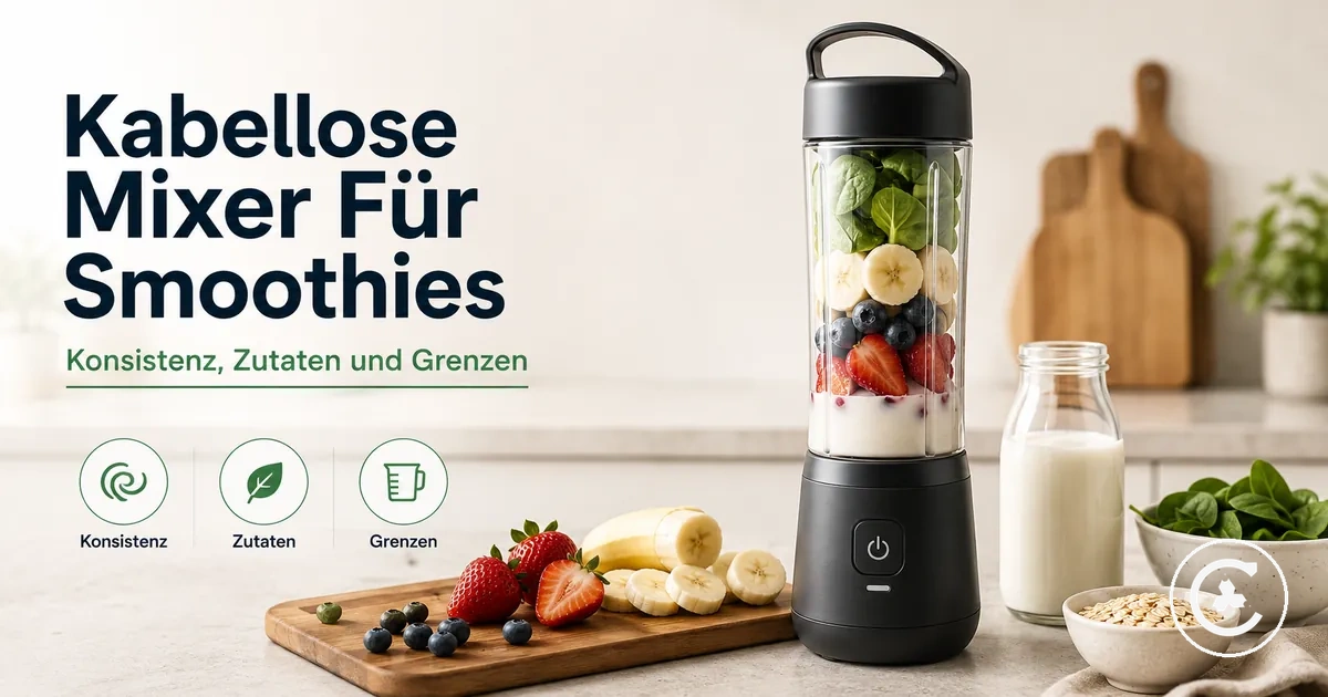 Kabelloser Mixer mit Obst, Flüssigkeit und Smoothie-Zutaten für Einzelportionen