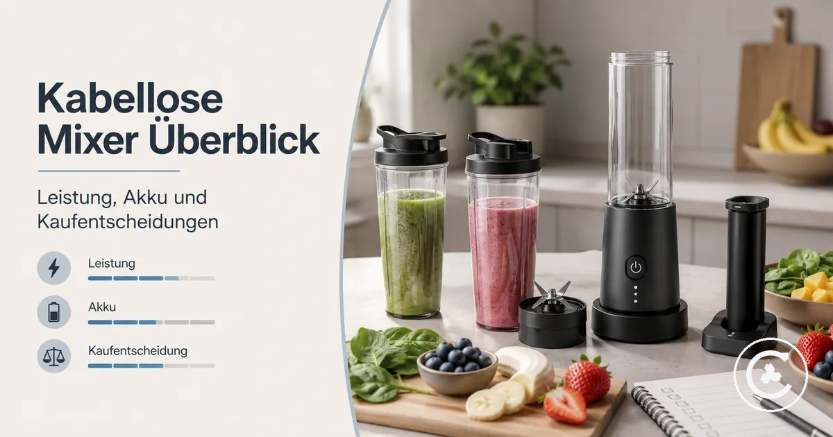 Kabellose Mixer mit tragbaren Bechern, Ladestationen und Zutaten für Smoothies