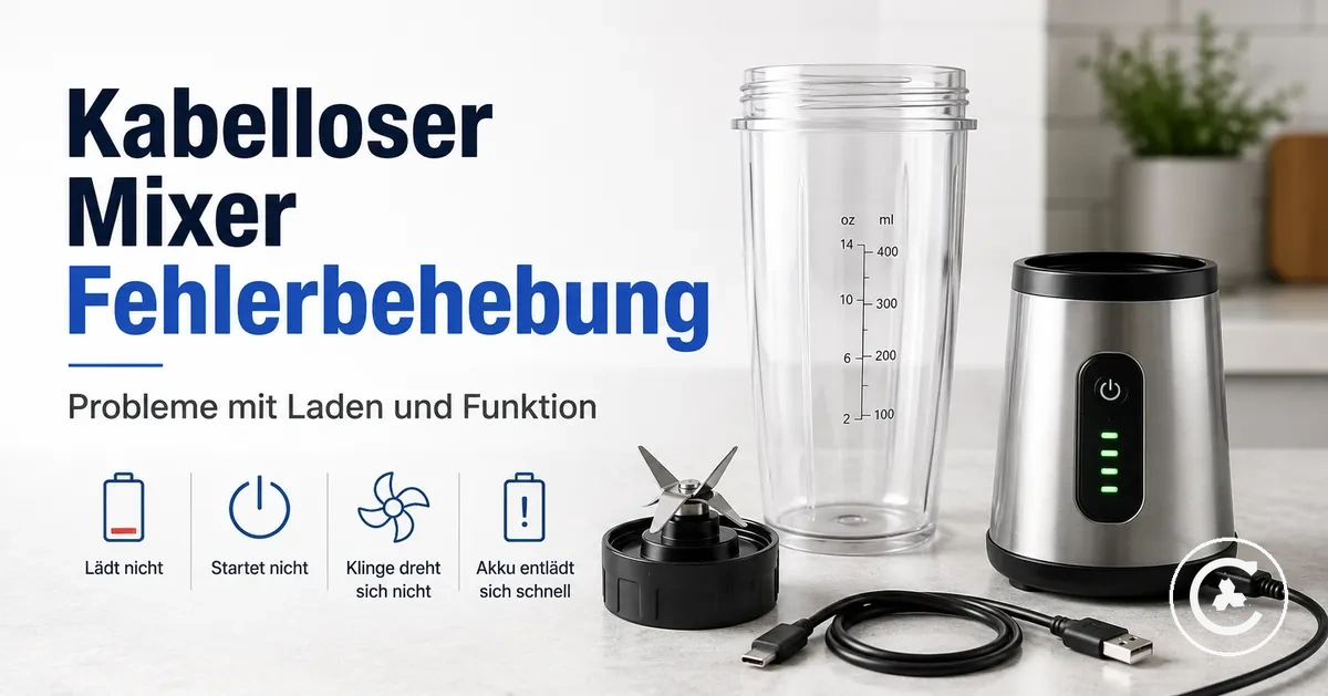 Fehlerbehebung bei einem kabellosen Mixer mit Ladekabel, Akkuanzeige, Messern und Motoreinheit