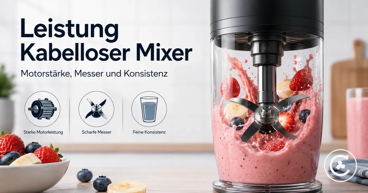 Messereinheit eines kabellosen Mixers beim Mixen von Obst und Flüssigkeit zu einer glatten Konsistenz
