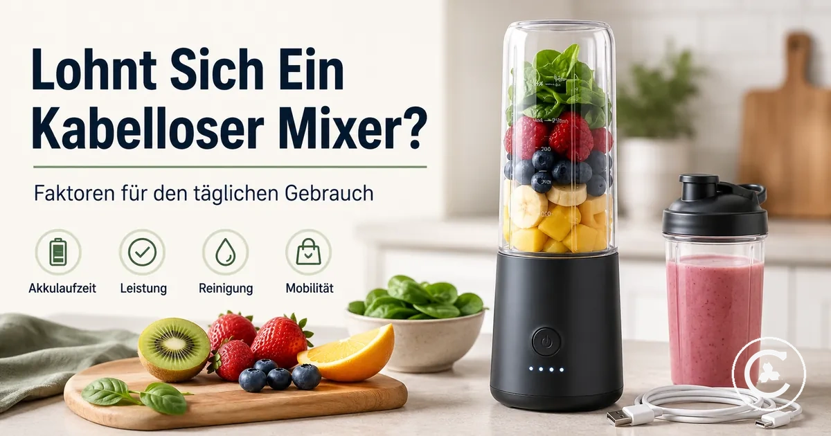 Kabelloser Mixer bei der Zubereitung eines täglichen Smoothies mit Obst, Becher und Ladekabel