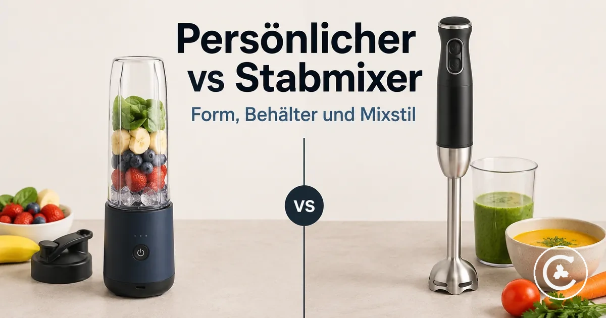 Kabelloser persönlicher Mixer und kabelloser Stabmixer im Vergleich nach Form, Behälternutzung und Mixstil
