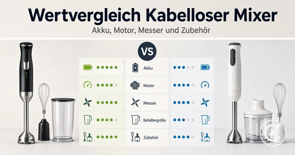 Wertvergleich kabelloser Mixer mit Akku, Motor, Messern, Behältergröße und Zubehör