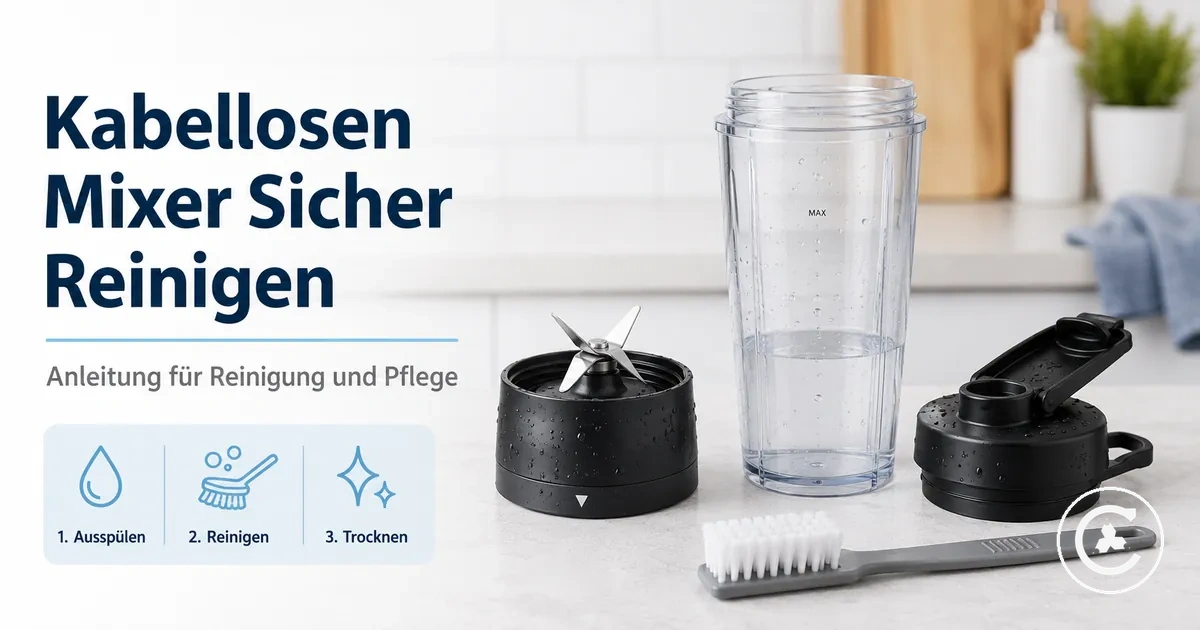 Becher, Deckel, Messerbasis und Reinigungsbürste eines kabellosen Mixers zur Reinigung vorbereitet