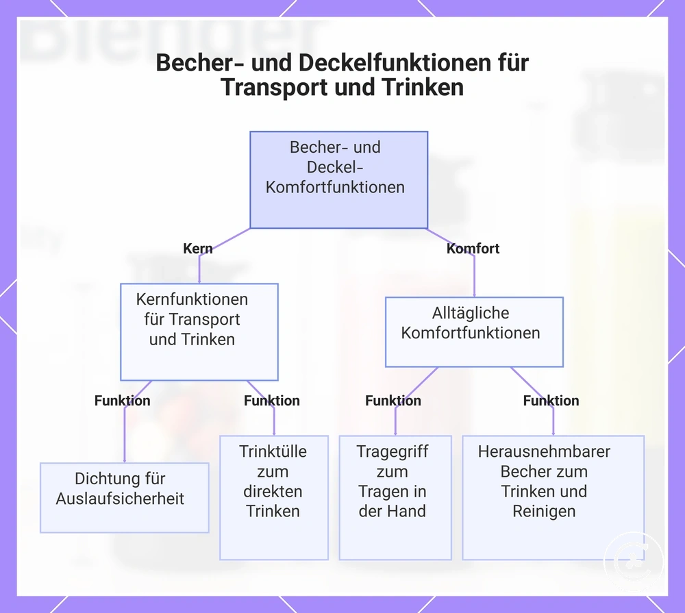 Becher- und Deckelfunktionen für Transport und Trinken