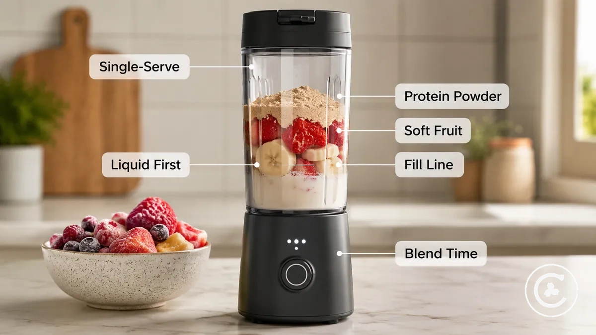Einzelportions-Kabelloser Mixer mit weichem Obst, Flüssigkeit und Proteinpulver für einen Shake