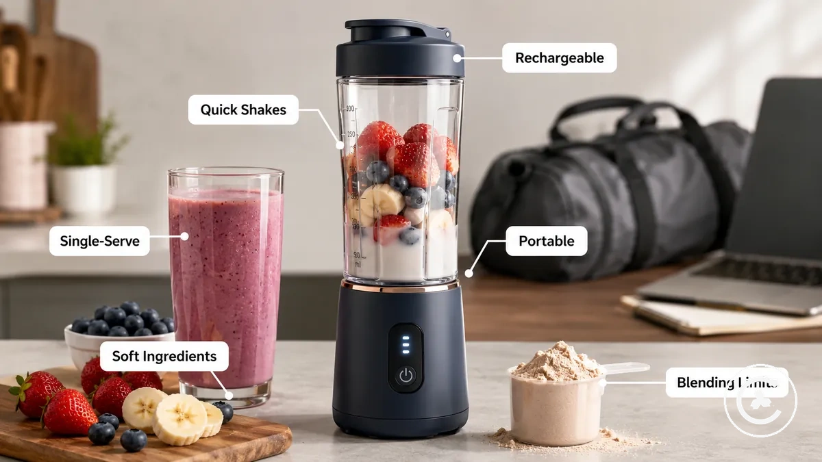 Kabelloser Mixer, vorbereitet für einen Smoothie mit einer Portion, mit Obst und Flüssigkeit in der Nähe