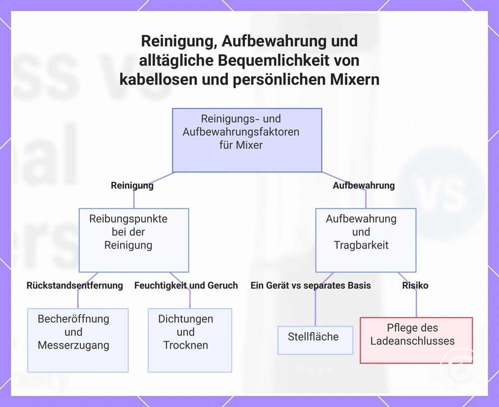 Reinigung, Aufbewahrung und alltägliche Bequemlichkeit von kabellosen und persönlichen Mixern