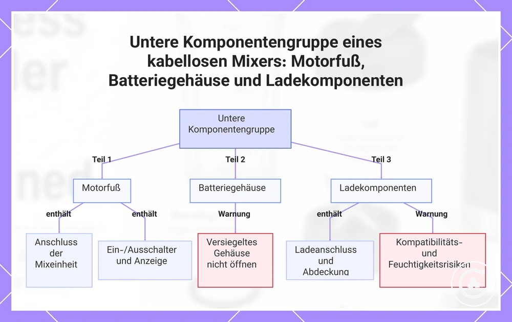Untere Komponentengruppe eines kabellosen Mixers: Motorfuß, Batteriegehäuse und Ladekomponenten