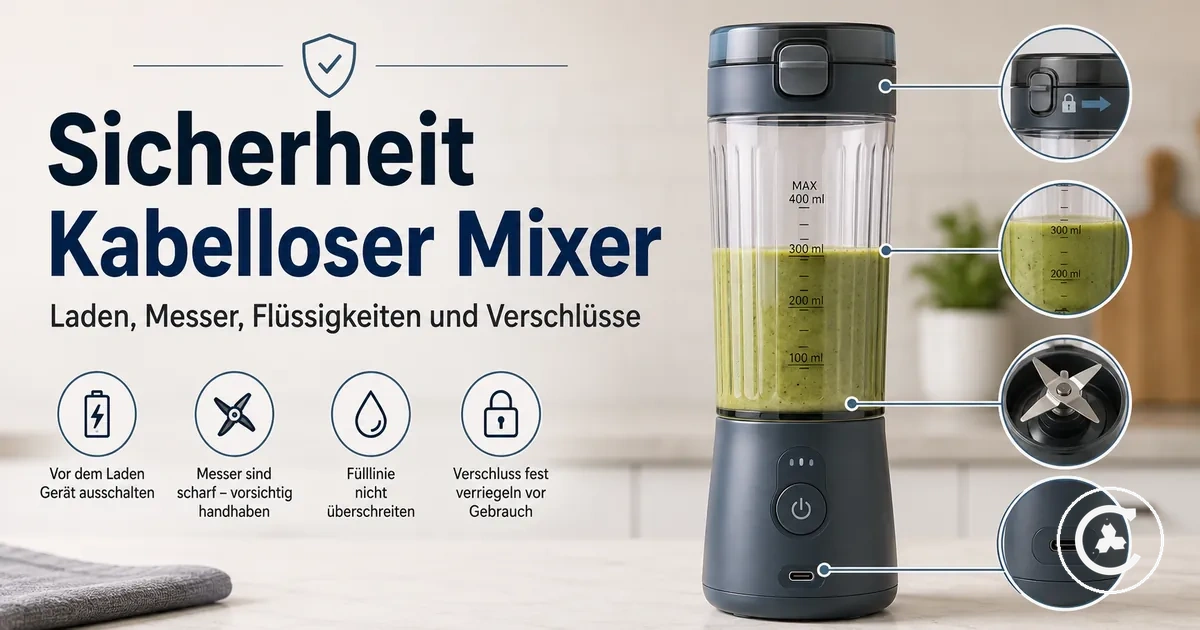 Sicherheitsdetails eines kabellosen Mixers mit Ladeanschluss, Messerbasis, Verschlussmechanismus und Flüssigkeitsmarkierung