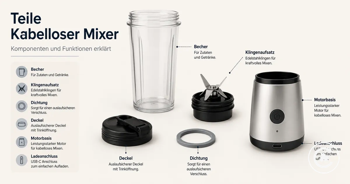 Einzeln angeordnete Teile eines kabellosen Mixers mit Becher, Deckel, Messern, Motoreinheit, Dichtung und Ladeanschluss