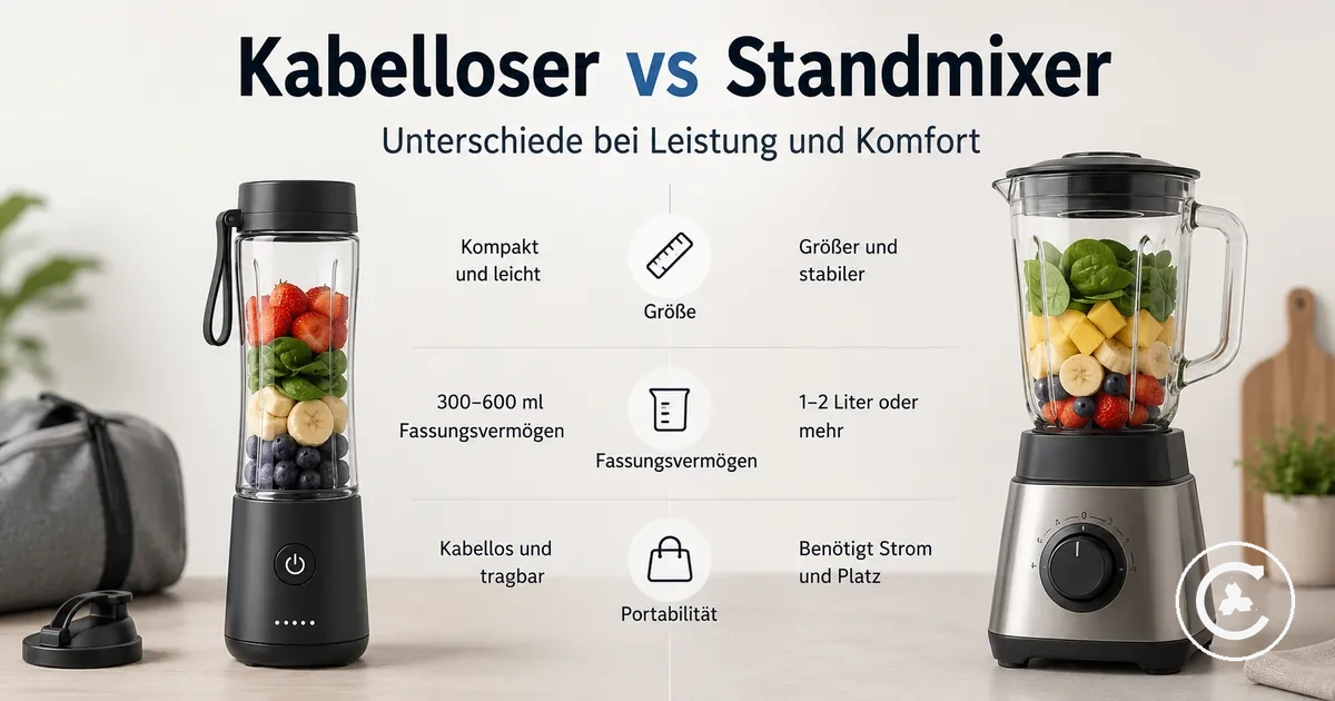 Kabelloser Mixer und Standmixer im Vergleich mit Unterschieden bei Größe, Behälterkapazität und Tragbarkeit
