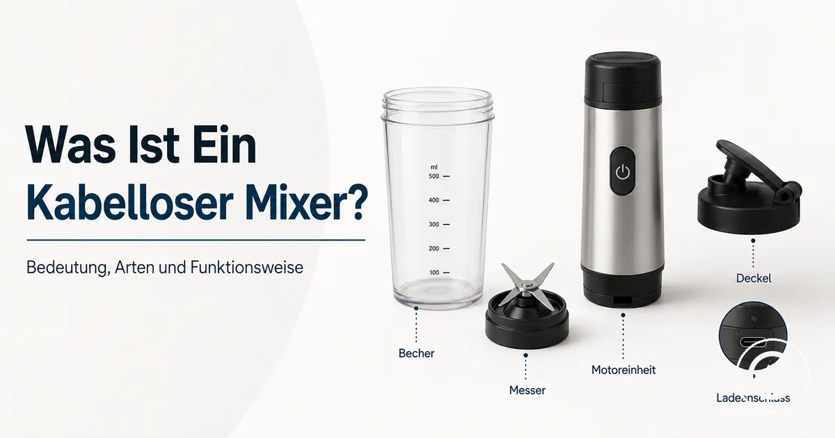 Teile eines kabellosen Mixers mit Becher, Messern, Motoreinheit, Deckel und Ladeanschluss