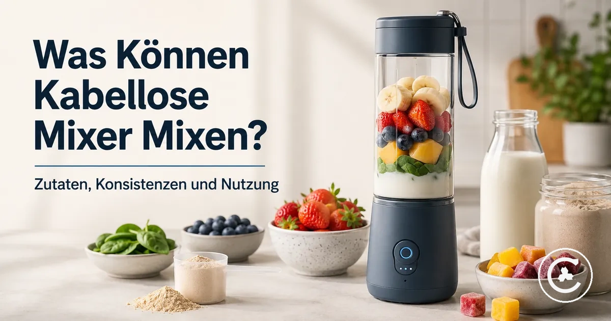 Kabelloser Mixer mit weichem Obst, Flüssigkeit, Proteinpulver und kleinen gefrorenen Stücken