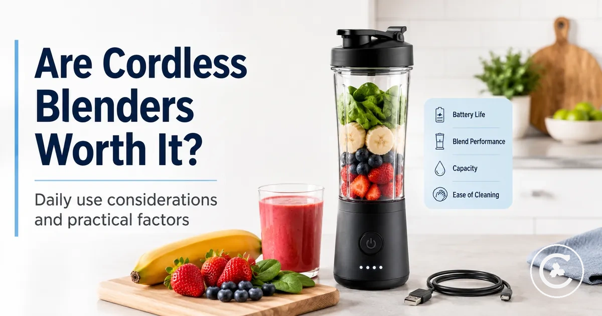 Cordless blender used for a daily smoothie beside fruit, a cup, and a charging cable