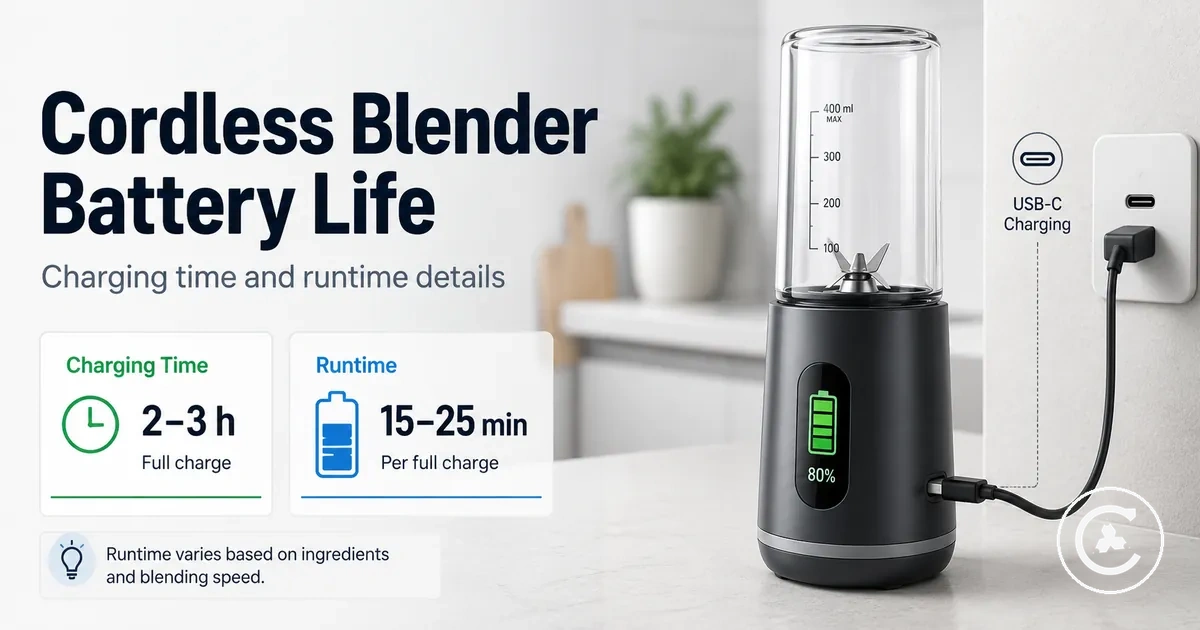 Cordless blender charging through a USB-C cable with a battery indicator visible