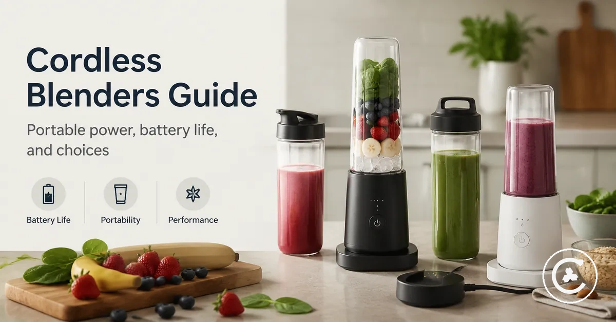 Cordless blenders displayed with portable cups, charging bases, and smoothie ingredients
