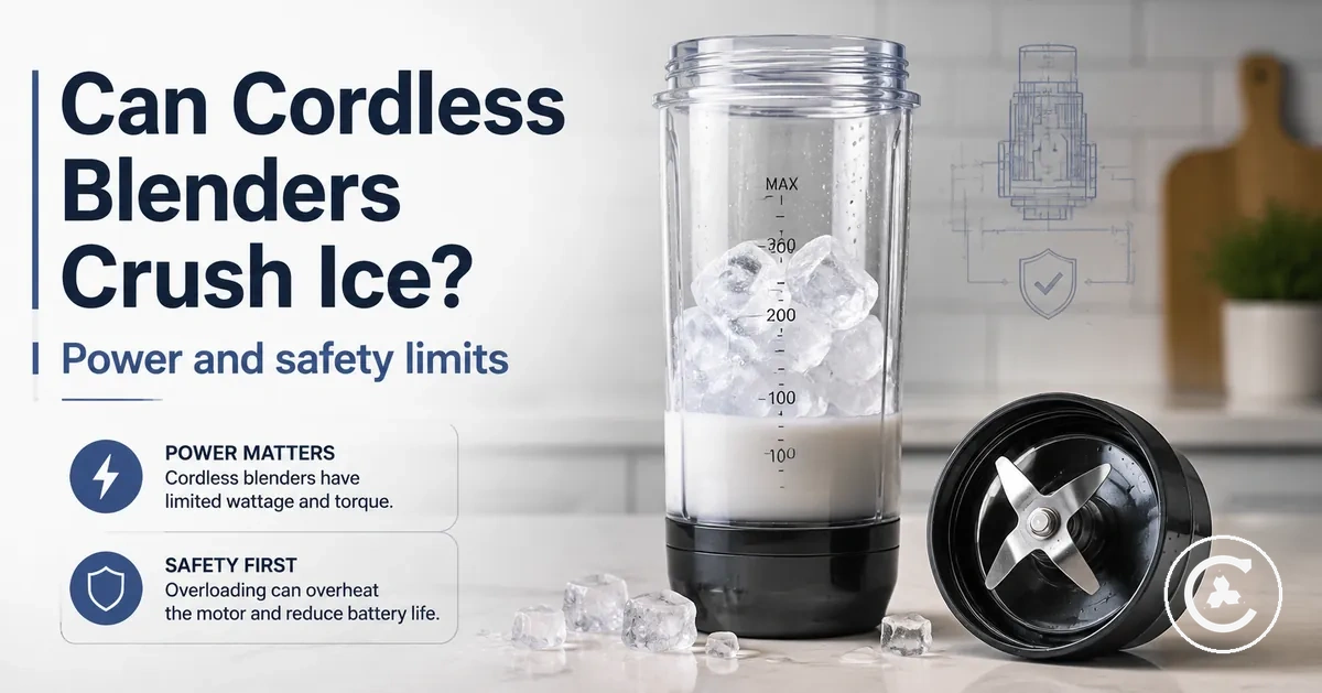 Cordless blender with small ice cubes, liquid, and blade assembly shown for ice-crushing limits