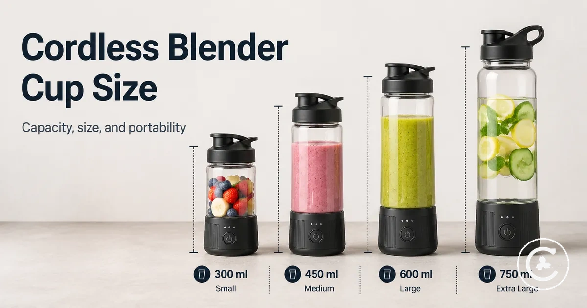 Different cordless blender cup sizes shown with lids and portable bottle-style bodies