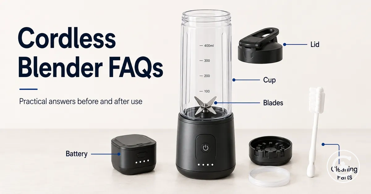 Cordless blender with labeled battery, cup, blades, lid, and cleaning parts for common questions