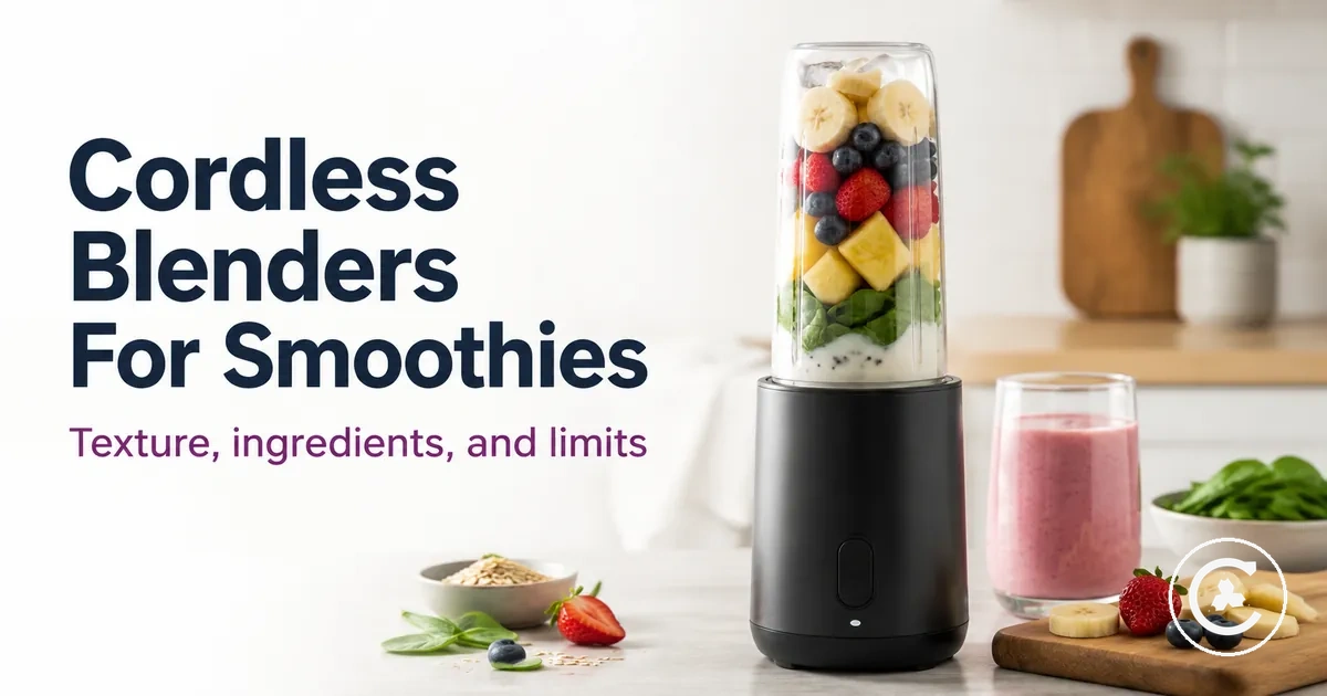 Cordless blender filled with fruit, liquid, and smoothie ingredients for single-serve blending