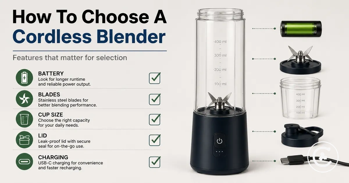 Cordless blender feature checklist with battery, blades, cup size, lid, and charging details