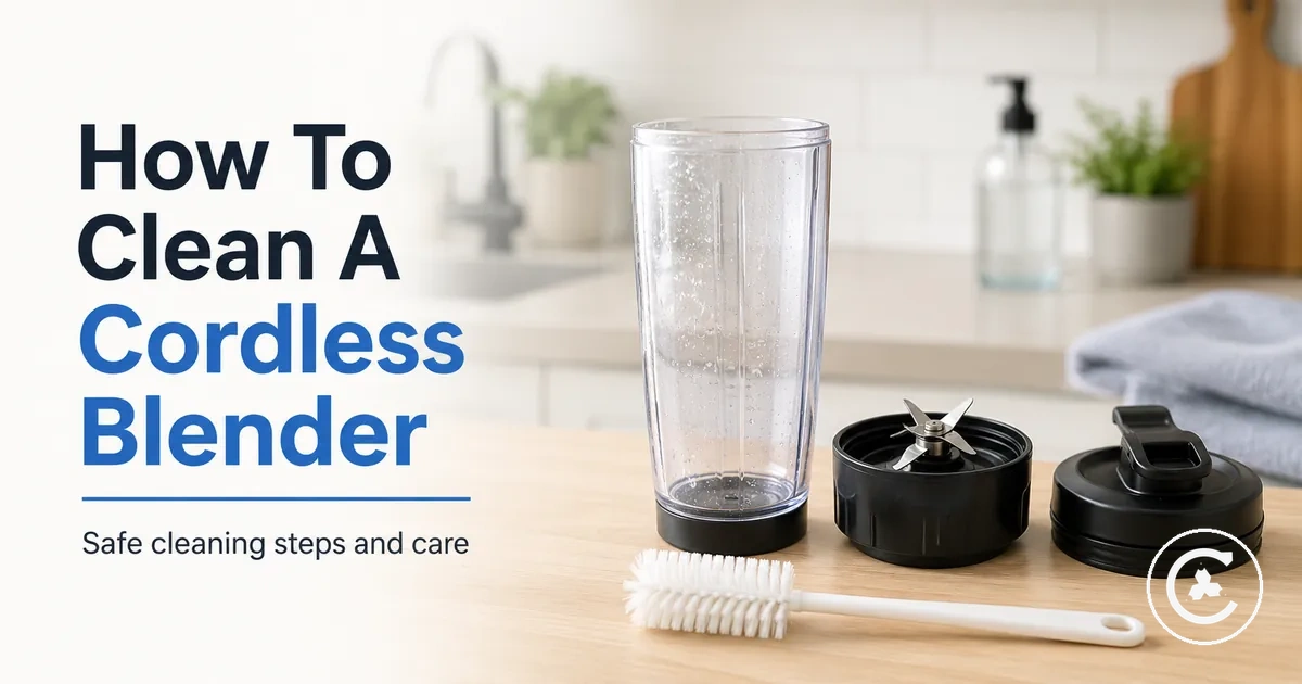 Cordless blender cup, lid, blade base, and cleaning brush prepared for safe cleaning