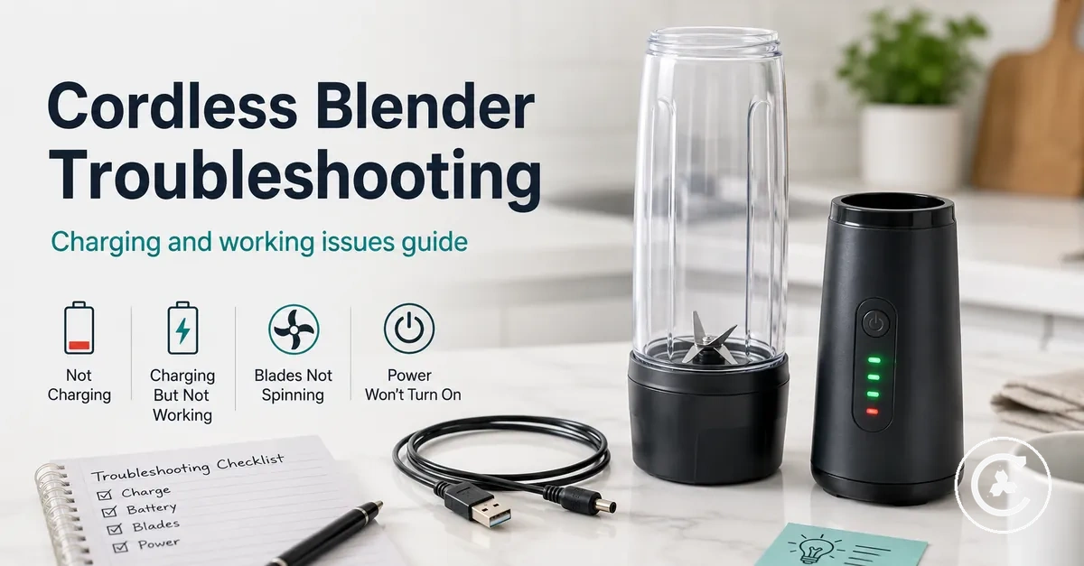 Cordless blender troubleshooting setup with charging cable, battery indicator, blades, and motor base