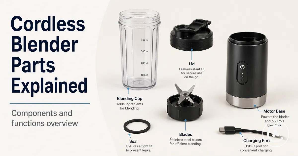 Cordless blender components arranged separately, including cup, lid, blades, motor base, seal, and charging port