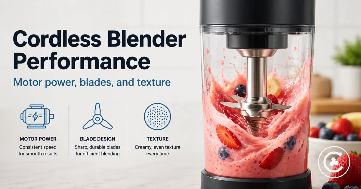 Cordless blender blade assembly blending fruit and liquid into a smooth texture