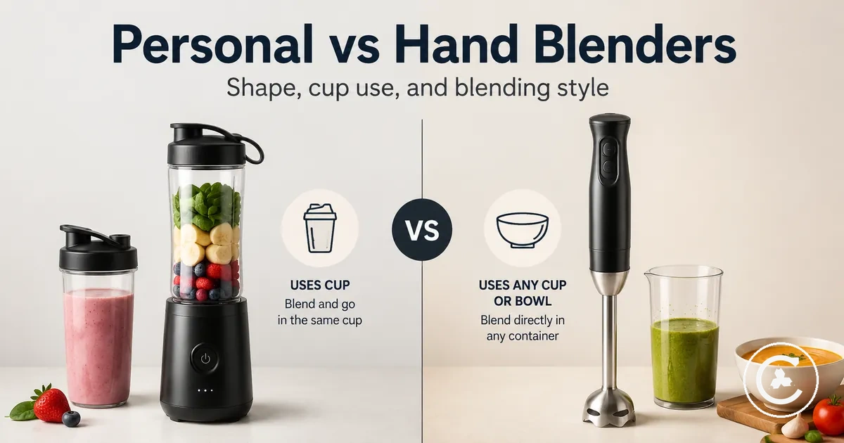 Cordless personal blender and cordless hand blender compared by shape, cup use, and blending style
