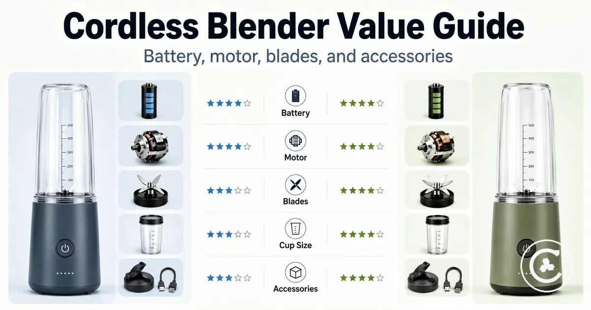 Cordless blender value comparison showing battery, motor, blades, cup size, and included accessories