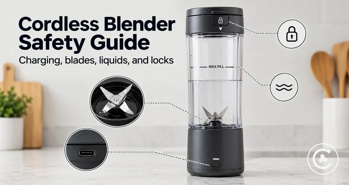 Cordless blender safety details showing charging port, blade base, lock mechanism, and liquid fill line