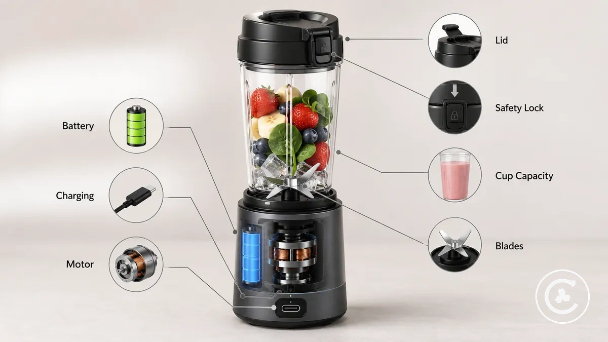 Cordless blender feature diagram showing battery, motor base, blades, cup, and lid