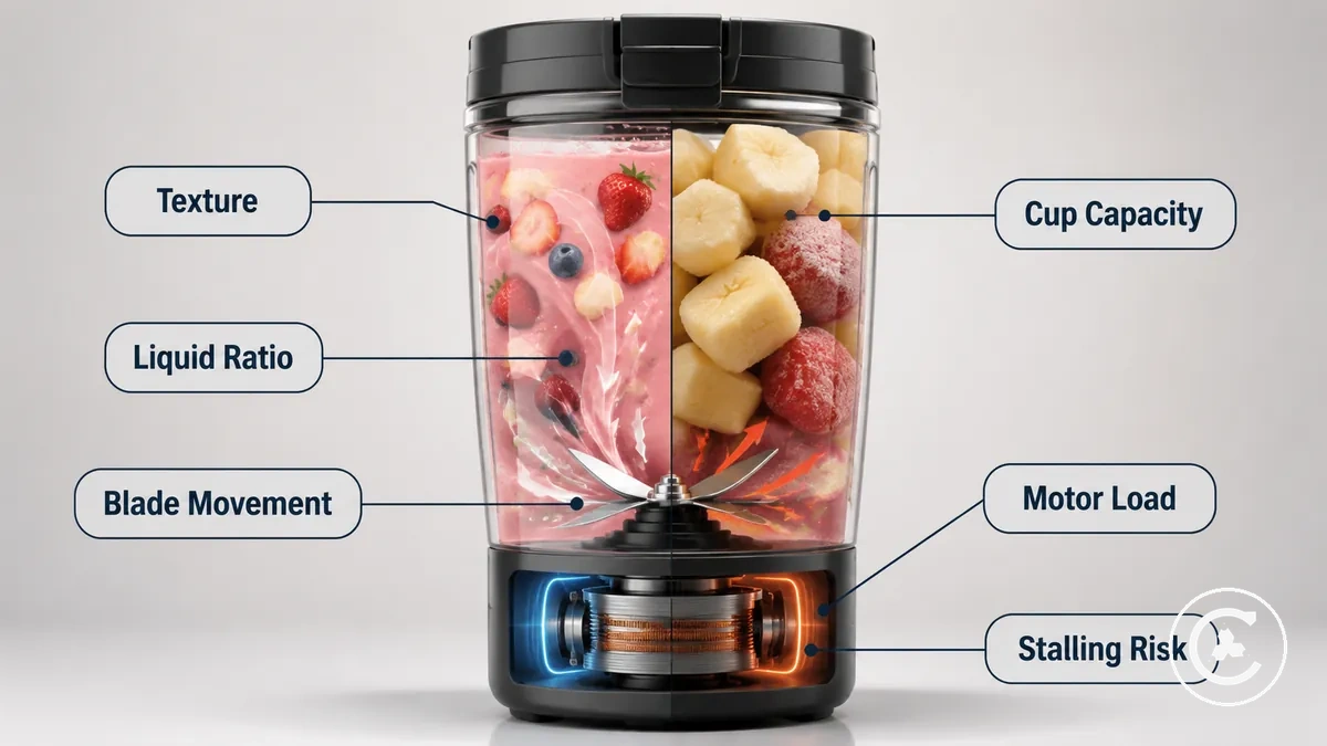 Cordless blender showing ingredient texture, liquid, and movement inside the cup