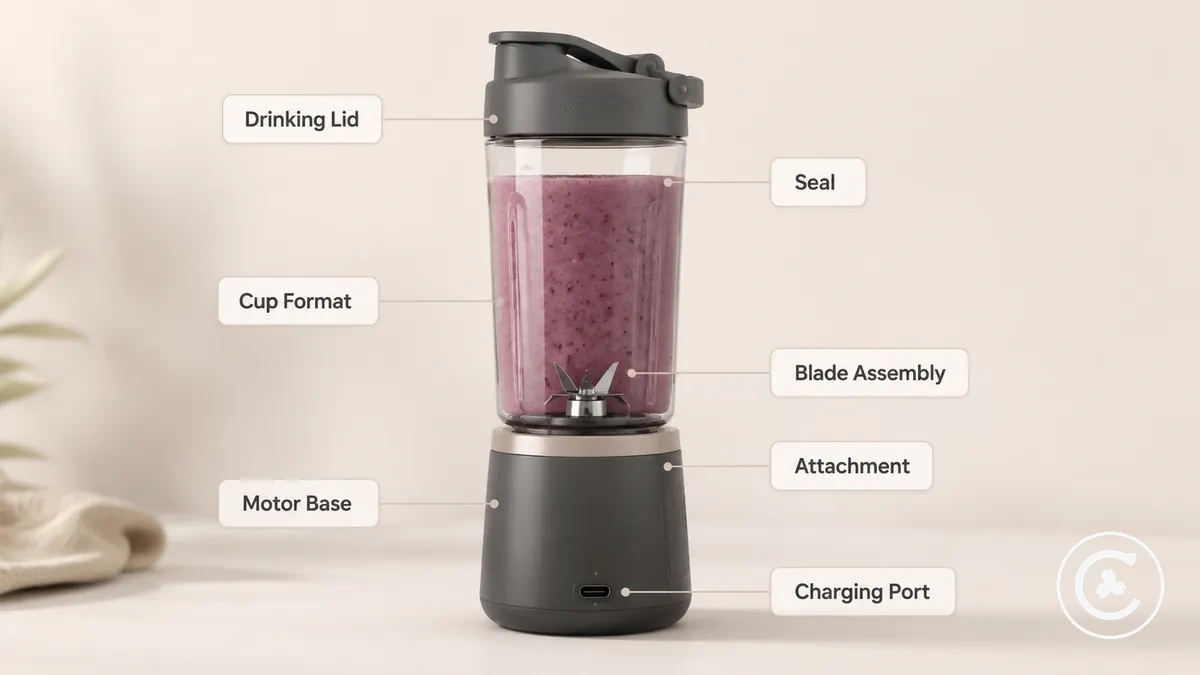 Cordless blender parts labeled with motor base, cup format, drinking lid, blade assembly, seal, and charging port