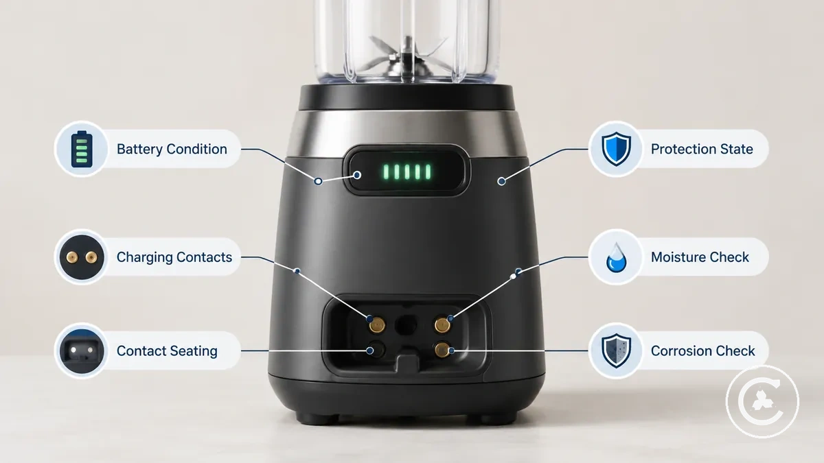 Cordless blender battery indicator and charging contact area shown for charging contact troubleshooting