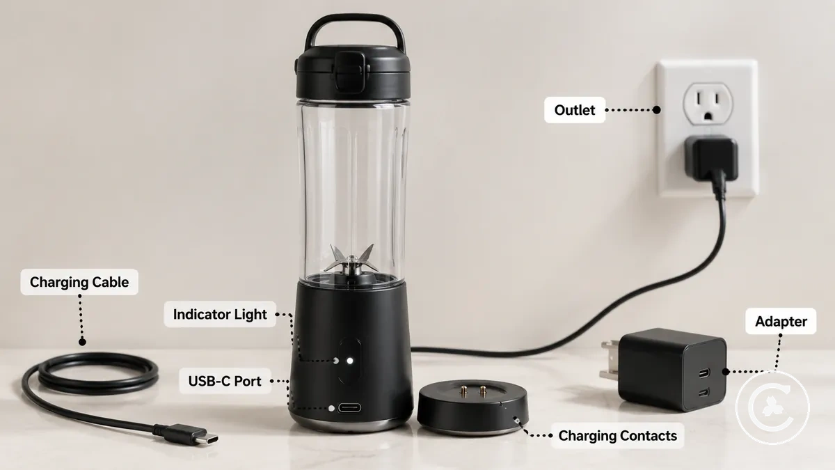 Cordless blender not charging setup showing USB-C cable, charging port, power adapter, and indicator light