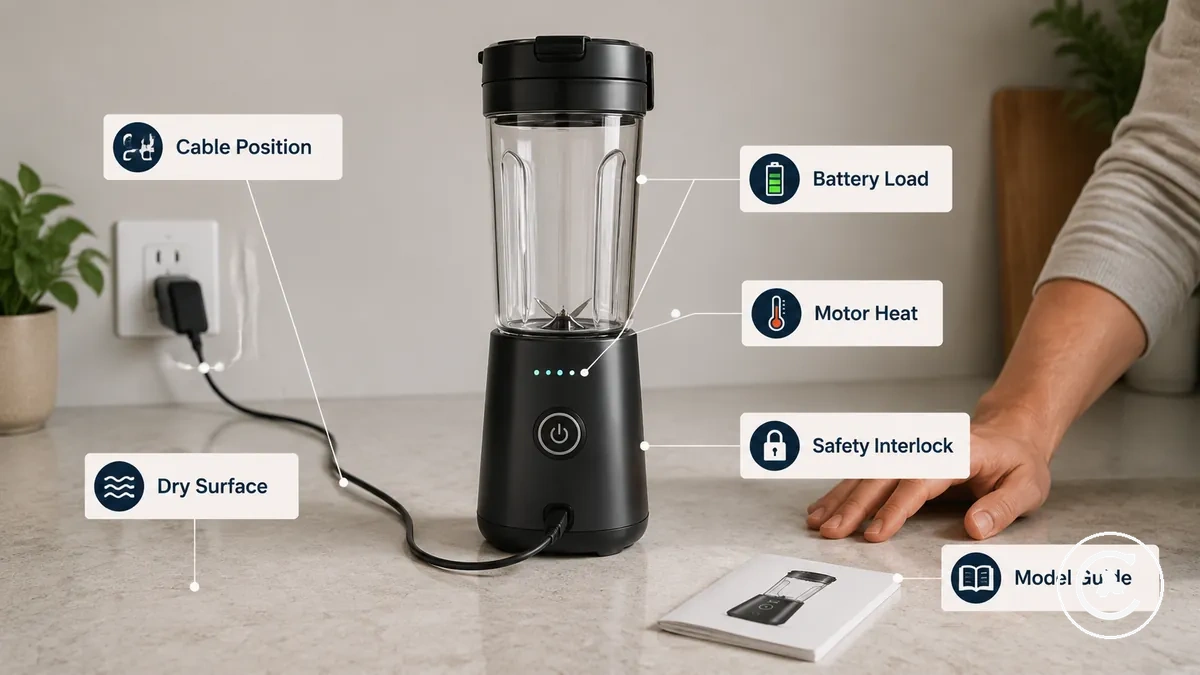 Cordless blender shown with charging cable on a dry surface to illustrate safe-use conditions while charging