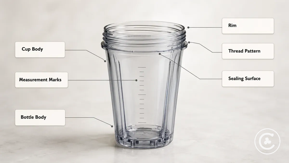 Annotated blending cup showing measurement markings, rim, thread area, cup body, and sealing surface