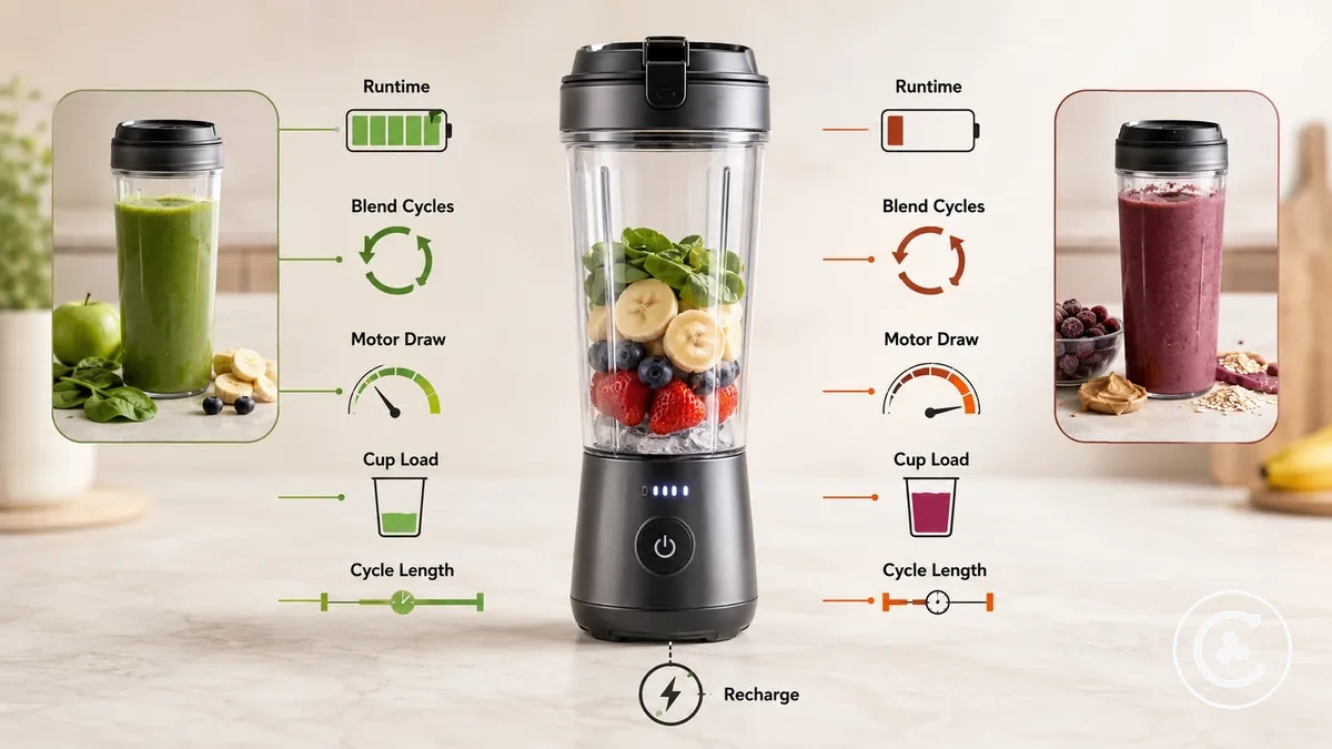 Cordless blender runtime per charge illustrated with blending cycles and battery level.