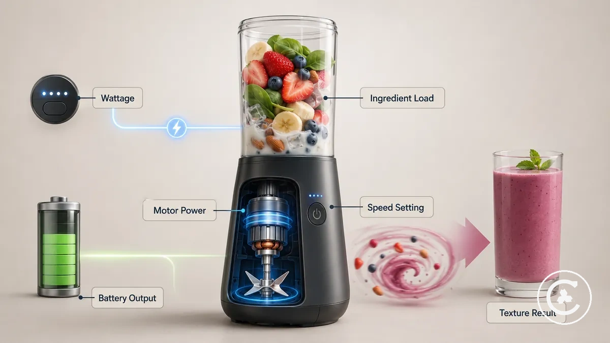 Diagram showing cordless blender motor power, ingredient load, speed, and texture outcome